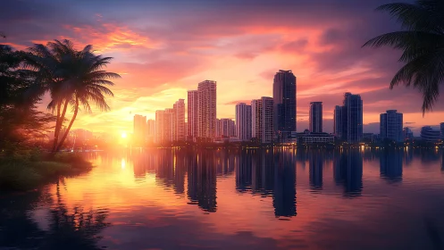 Tropical waterfront skyline at sunset with reflective high‑rises