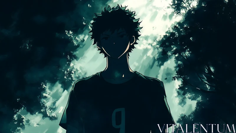 Backlit anime silhouette of athletic teen under dappled canopy