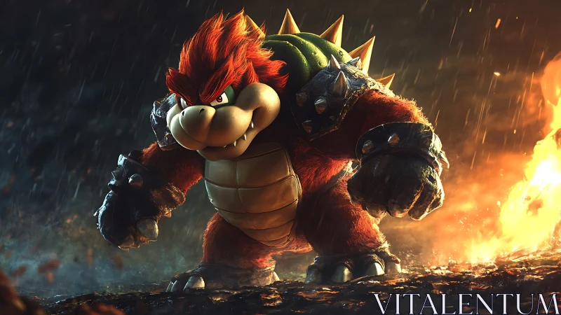 Cinematic Bowser render advances through rain and eruptive fire
