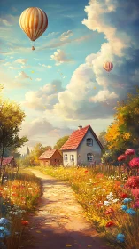 Gentle country lane drifts toward a cottage and hot air balloons
