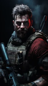 Bearded tactical soldier in dark dramatic lighting portrait.