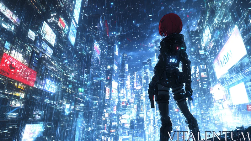 Lone cyber scout surveys neon rain over endless dataspires.