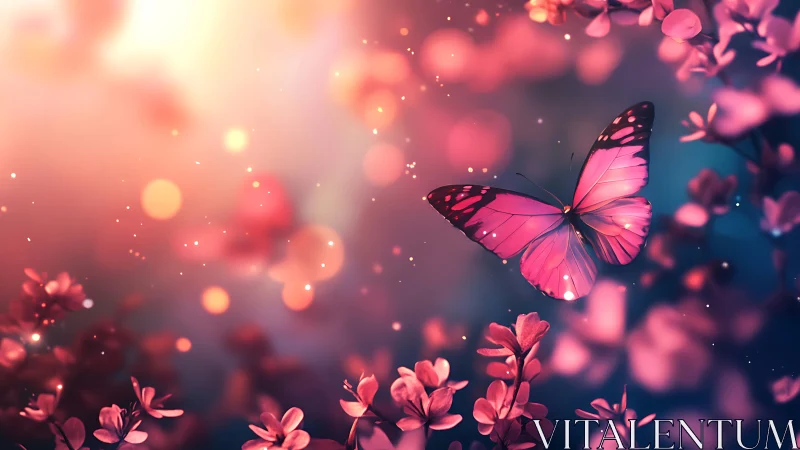 Radiant pink butterfly drifting through dreamy floral light.