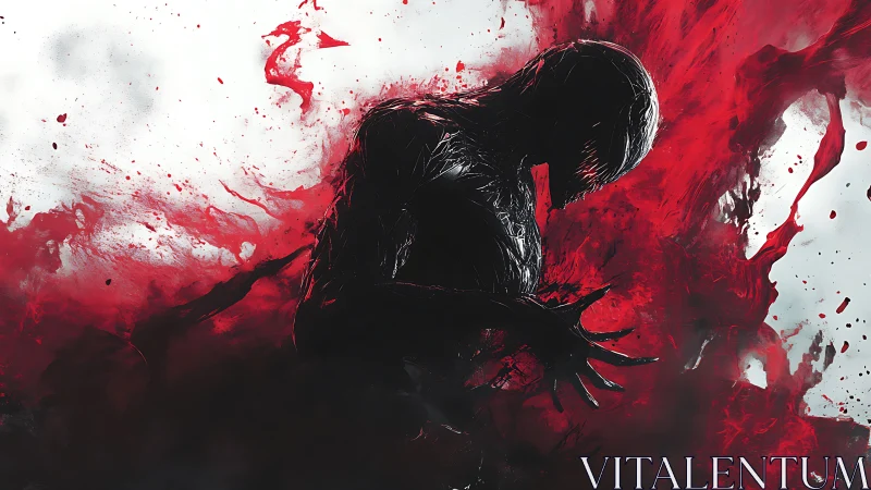 Dark humanoid silhouette erupting through crimson splashes.