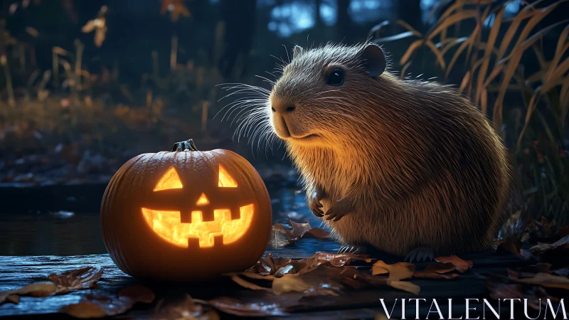 Guinea pig beside illuminated jack-o&rsquo;-lantern at night.