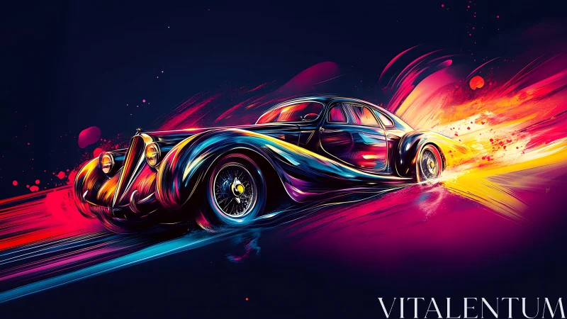 Vintage coupe races through neon-streaked chromatic flames.