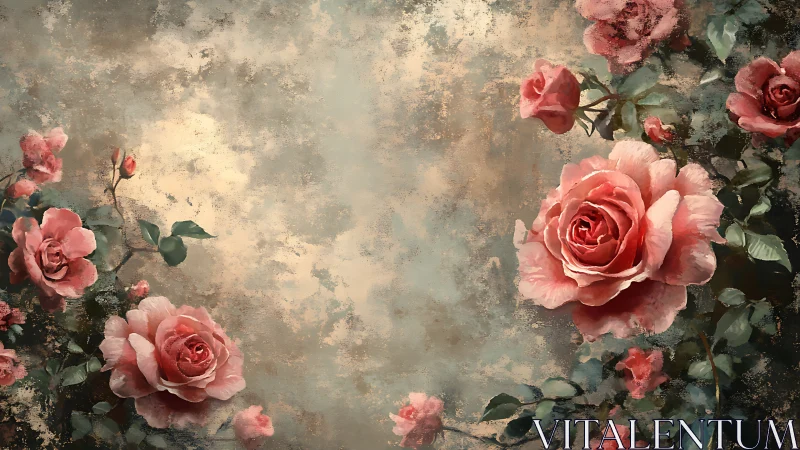 Pink Roses Against Distressed Textured Wall Surface