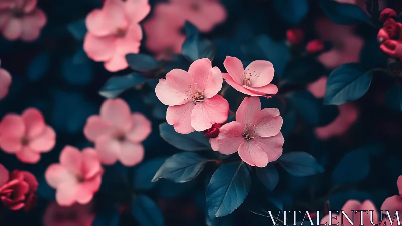 Pink Spring Blossoms Against Deep Blue Foliage.