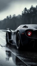 Black supercar on wet forest road in overcast weather.