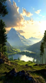 Golden mountain valley with peaceful sunlit lake at dusk.