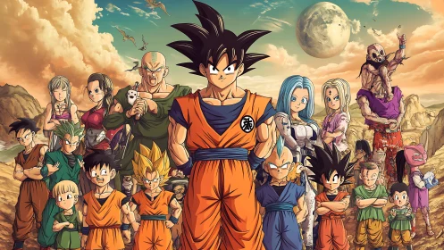 Heroic anime warriors united before alien desert moon.