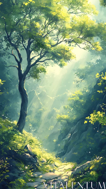 Enchanted Forest Sanctuary with Sunlit Canopy and Luminous Pathways.