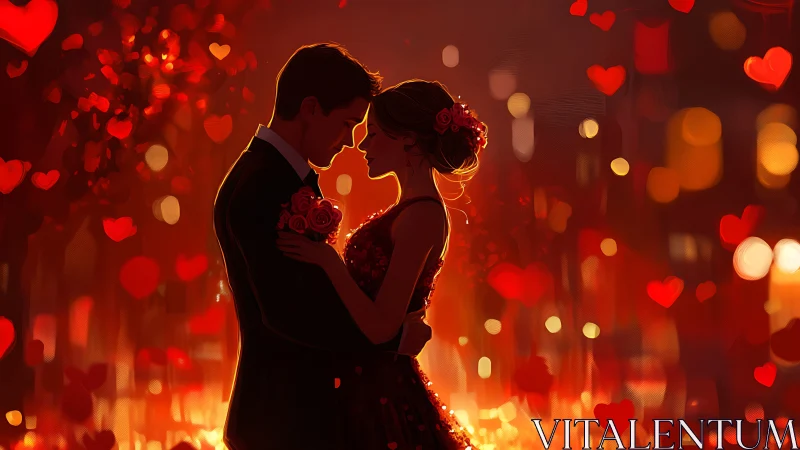 Couple in silhouette with romantic red bokeh lights