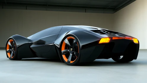 Sleek black concept supercar glowing with bold orange trim.
