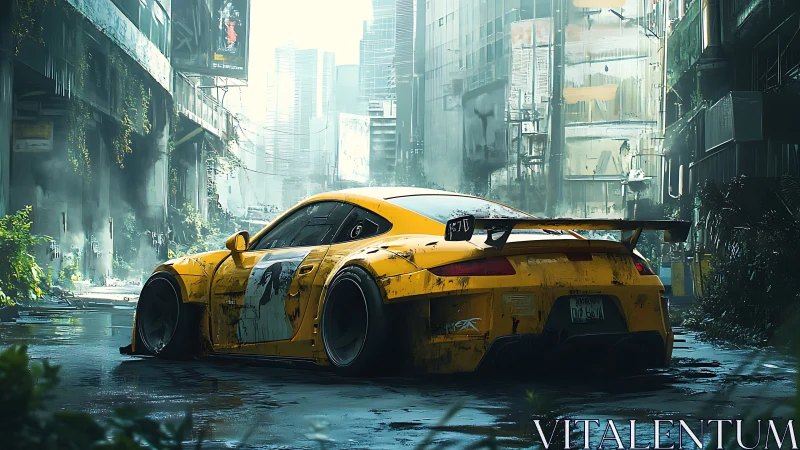 Yellow street racer naps boldly in overgrown neon canyon