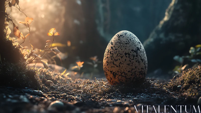 Mystical speckled egg rests in a sunlit forest clearing