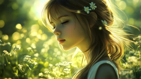 Soft sunlight cradles a peaceful girl in a dreamy meadow