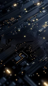 Dark circuit board macro with glowing data pathways.