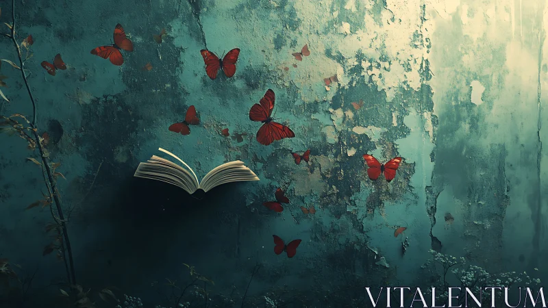 Open book levitates before decayed wall as red butterflies emerge