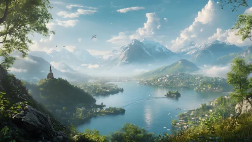 Peaceful lakeside village cradled by misty alpine peaks.