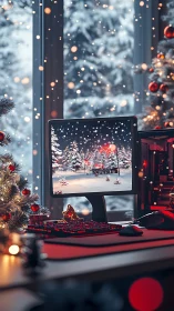 Holiday gaming workstation framed by snowy window view.