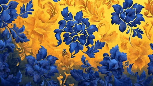 Blue floral ornament overlays textured yellow gradient background