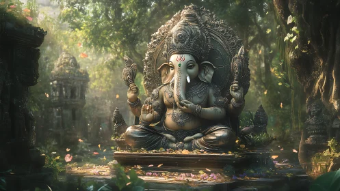 Gentle forest shrine with serene elephant deity at rest.