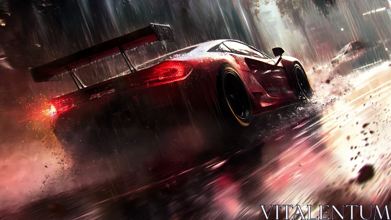 Red GT race car powers through rain-soaked neon street