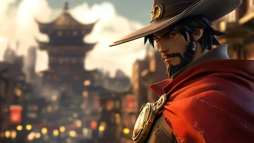 Gunslinger hero overlooking hazy lantern city street scene.