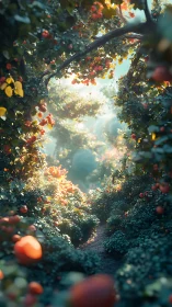 Sunlit garden path under dense fruit-laden foliage canopy.