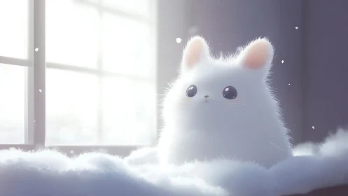 Fluffy White Cat in Snow by Sunlit Window.