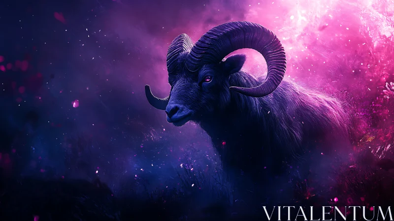Horned mountain goat in saturated purple light field.