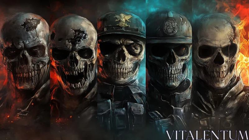 Flaming skeletal soldiers lined in infernal battlefield portrait.