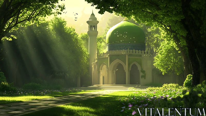 Sunlit emerald shrine quietly dreams within the forest