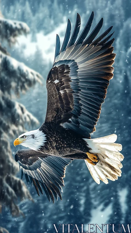 Bald eagle soars over snowy forest in crisp winter light.
