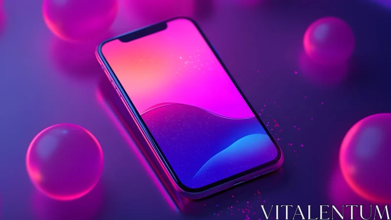 Modern smartphone on neon surface with glowing spheres, digital art.