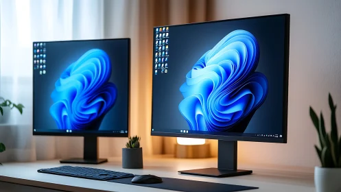 Dual ultrawide monitors display abstract OS interface in studio