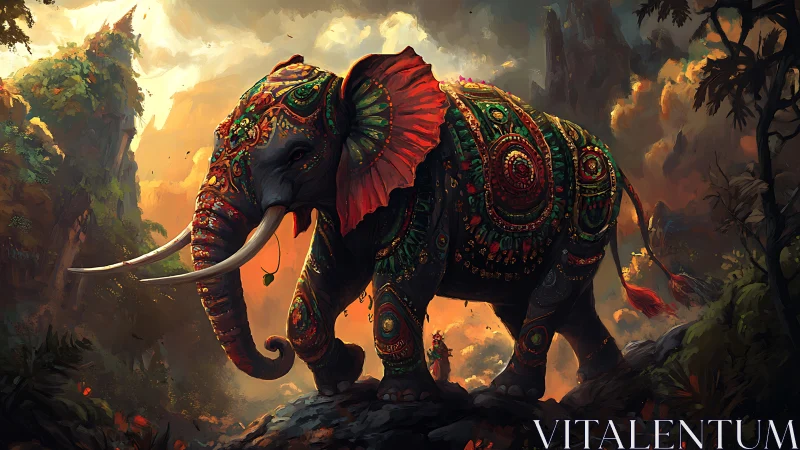 Decorated armored elephant in dramatic fantasy landscape.