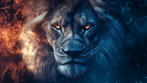 Elemental lion spirit divides fire and ice realms with power.