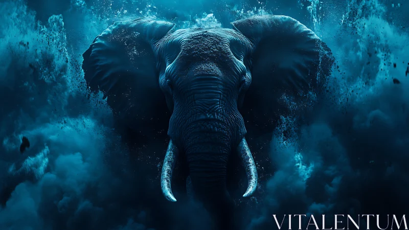 Majestic blue elephant emerges through swirling cosmic dust.