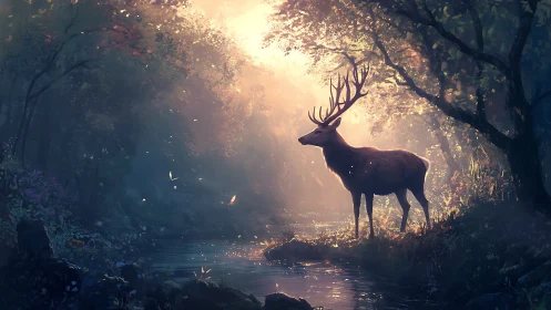 Majestic stag in enchanted forest, digital art with glowing sunlight.