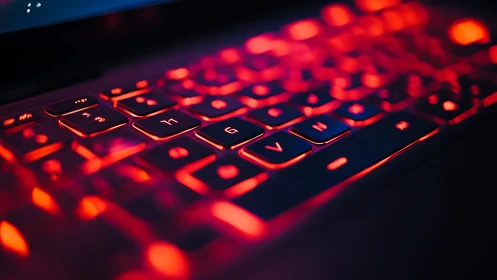 Glowing red keyboard casting a cozy futuristic glow.