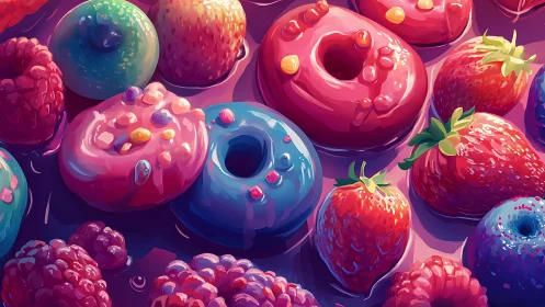 Candy glaze daydream with playful berries and donuts.