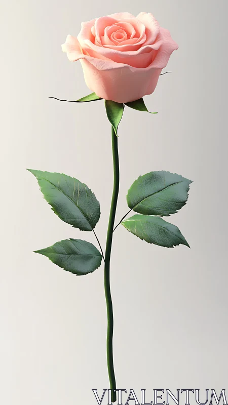 Single Pink Rose Stem with Green Leaves Against Soft Background