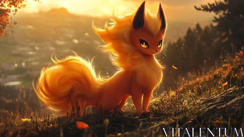Orange foxlike creature on hillside at warm sunset light.