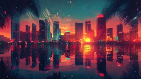 Neon-lit waterfront skyline renders vivid bokeh reflections at dusk