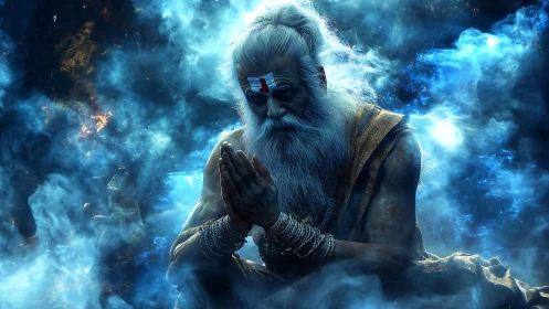 Elderly sage in prayer amid swirling cosmic blue mist.