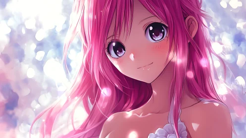 Pink haired anime girl with glowing bokeh background.