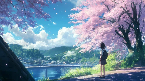 Girl beneath cherry blossoms by a quiet riverside town.