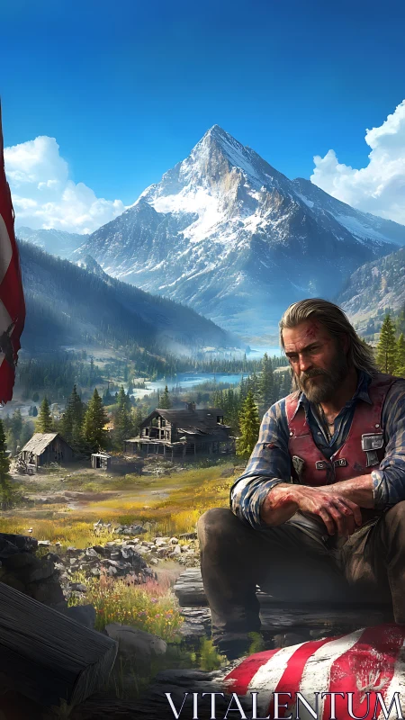 Weathered frontiersman resting before vast alpine wilderness